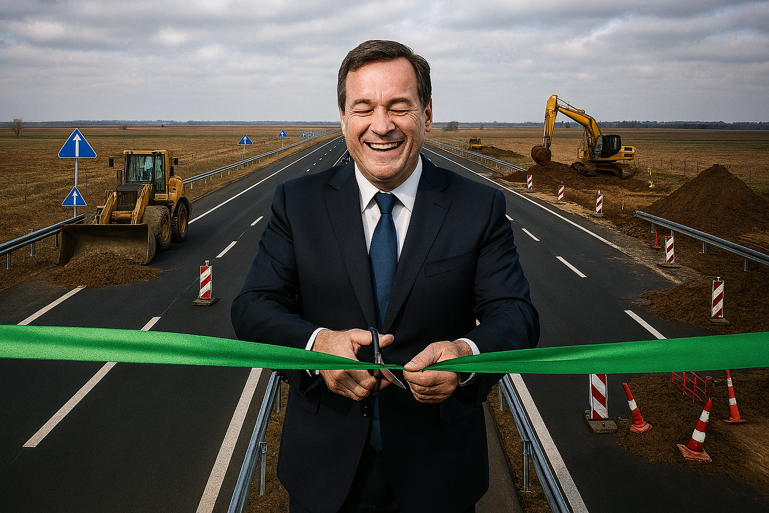 la desolazione dell’inutile allargamento dell'autostrada A13 con il gesto trionfale e grottesco del politico che taglia il nastro nel vuoto.